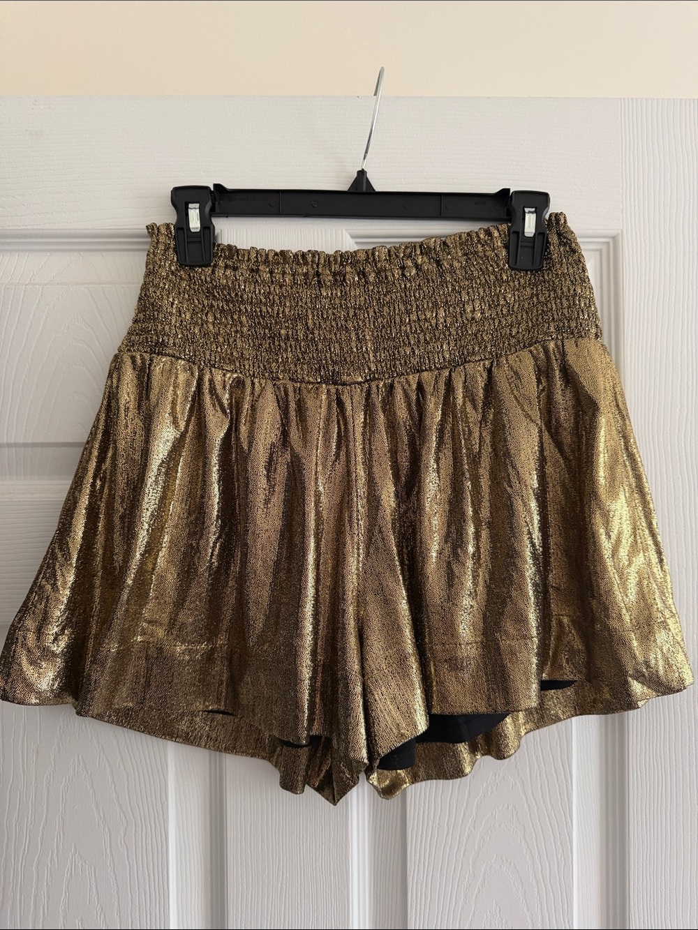 Metallic Gold Smocked-Waist Shorts